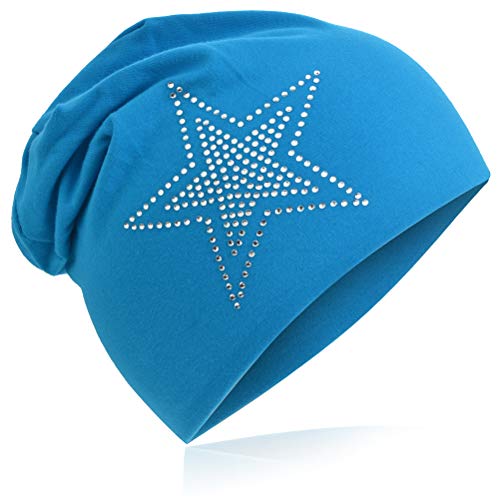 Baby Kinder Jersey Slouch Beanie Long Mütze mit Strass Stern Unisex Baumwolle Trend 2Stern-Lichtblau-M von Miobo