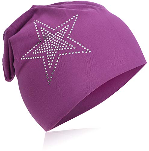 Baby Kinder Jersey Slouch Beanie Long Mütze mit Strass Stern Unisex Baumwolle Trend 2Stern-Orchidee-S von Miobo