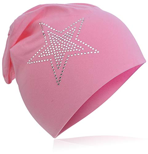 Baby Kinder Jersey Slouch Beanie Long Mütze mit Strass Stern Unisex Baumwolle Trend 2Stern-Rosa-S von Miobo