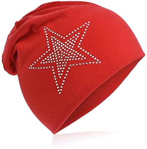 Baby Kinder Jersey Slouch Beanie Long Mütze mit Strass Stern Unisex Baumwolle Trend 2Stern-Rot-L von Miobo