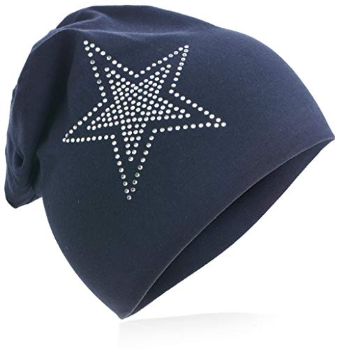 Baby Kinder Jersey Slouch Beanie Long Mütze mit Strass Stern Unisex Baumwolle Trend 2Stern-Schwarzblau-M von Miobo