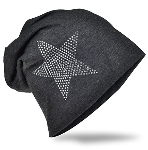 Jersey Slouch Beanie Long Mütze Stern mit Strass Stern Applikation Anthrazit von Miobo