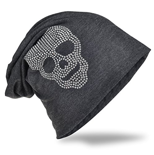 Jersey Slouch Beanie Long Mütze mit Totenkopf Strass Applikation Unisex Unifarbe Herren Damen Trend Anthrazit TK von Miobo