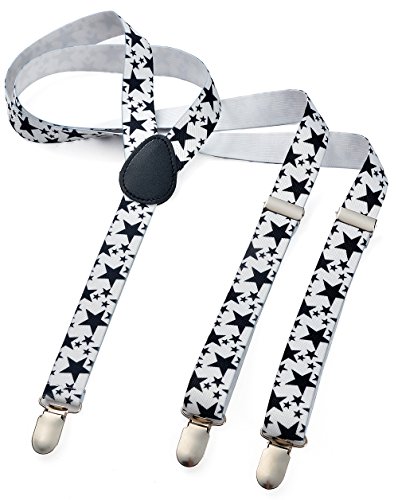 Herren Damen Long Hosenträger Y Form Style 3er Clips elastisch Schmal Unifarbe und Bunt mit verschiedenen Motiv, Mehrfarbig (Weiss Stern),Gr. One Size von Miobo