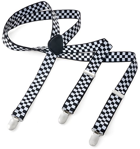 Herren Damen Long Hosenträger Y Form Style 3er Clips elastisch Schmal Unifarbe und Bunt mit verschiedenen Motiv, Mehrfarbig (Schwarz Weiss Gitter),Gr. One Size von Miobo