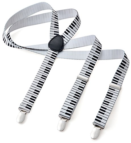Herren Damen Long Hosenträger Y Form Style 3er Clips elastisch Schmal Unifarbe und Bunt mit verschiedenen Motiv, Mehrfarbig (Weiss Klavier),Gr. One Size von Miobo