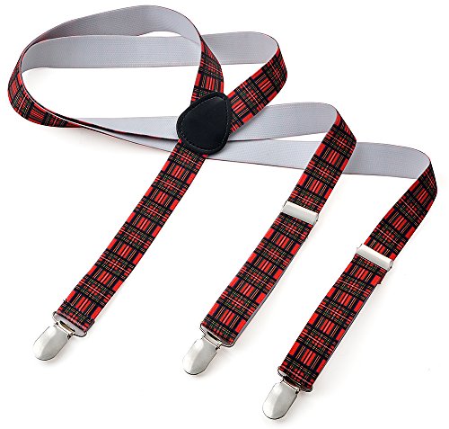 Herren Damen Long Hosenträger Y Form Style 3er Clips elastisch Schmal Unifarbe und Bunt mit verschiedenen Motiv, Mehrfarbig (Schottenkaro),Gr. One Size von Miobo