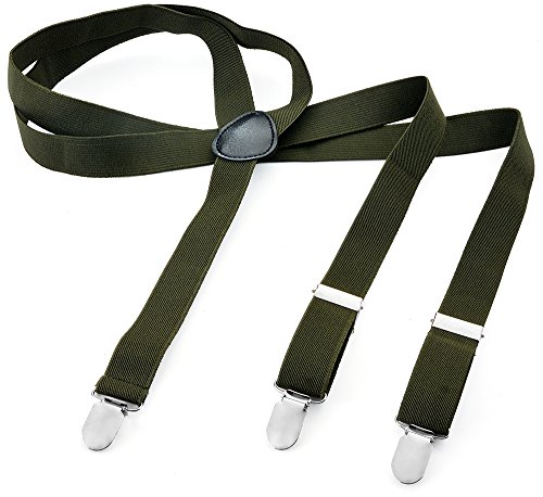 Herren Damen Long Hosenträger Y Form Style 3er Clips elastisch Schmal Unifarbe und Bunt mit verschiedenen Motiv, Grün (Farngrün),Gr. One Size von Miobo