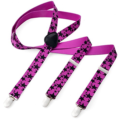 Herren Damen Long Hosenträger Y Form Style 3er Clips elastisch Schmal Unifarbe und Bunt mit verschiedenen Motiv, Mehrfarbig (Pink Stern),Gr. One Size von Miobo