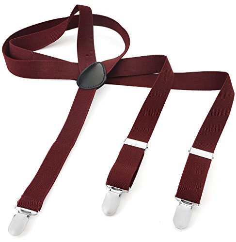 Herren Damen Long Hosenträger Y Form Style 3er Clips elastisch Schmal Unifarbe und Bunt mit verschiedenen Motiv, Rot (Weinrot),Gr. One Size von Miobo