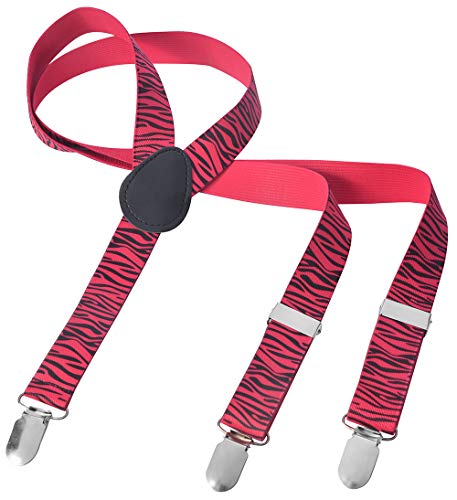 Herren Damen Long Hosenträger Y Form Style 3er Clips elastisch Schmal Unifarbe und Bunt mit verschiedenen Motiv (XS, Pink Zebra) von Miobo