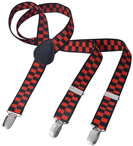 Herren Damen Long Hosenträger Y Form Style 3er Clips elastisch Schmal Unifarbe und Bunt mit verschiedenen Motiv (XS, Rot Schwarz Gitter) von Miobo