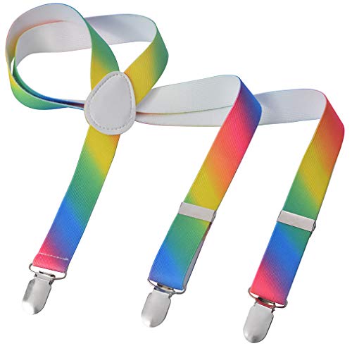 Herren Damen Long Hosenträger Y Form Style 3er Clips elastisch Schmal Unifarbe und Bunt mit verschiedenen Motiv (XXS, Regenbogen 2) von Miobo