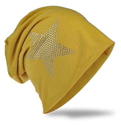 Jersey Slouch Beanie Long Mütze Stern mit Strass Stern Applikation Senfgelb von Miobo