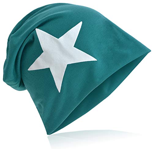 Miobo Jersey Slouch Beanie mit Stern Style, Herren Damen,Einheitsgröße,WeissStern-Petrol von Miobo