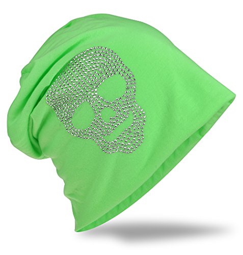 Miobo Slouch Beanie Mütze, Long, Totenkopf Motiv, Herren Damen,StrassTK-Grasgruen von Miobo