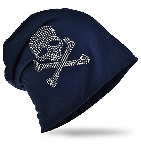 Miobo Slouch Beanie Mütze, Long, Totenkopf Motiv, Herren Damen,StrassPirat-Dunkelblau von Miobo