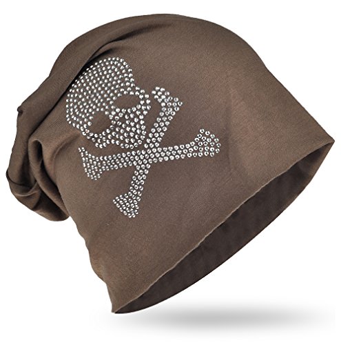 Miobo Slouch Beanie Mütze, Long, Totenkopf Motiv, Herren Damen,StrassPirat-Graubraun von Miobo