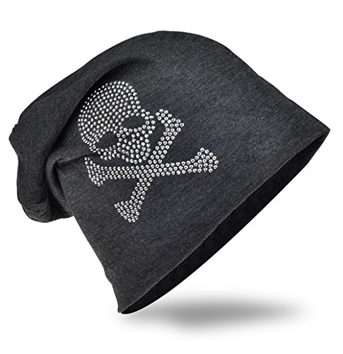 Miobo Slouch Beanie Mütze, Long, Totenkopf Motiv, Herren Damen,StrassPirat-Anthrazit von Miobo