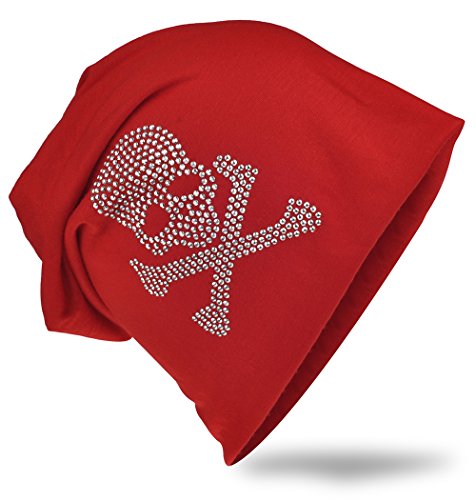 Jersey Slouch Beanie Long Mütze mit Totenkopf Strass Applikation Unisex Unifarbe Herren Damen Trend (One Size, Pirat-Rot) von Miobo