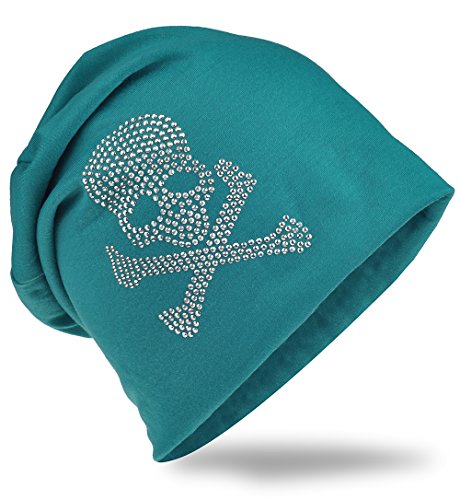 Jersey Slouch Beanie Long Mütze mit Totenkopf Strass Applikation Unisex Unifarbe Herren Damen Trend (One Size, Pirat-Petrol) von Miobo