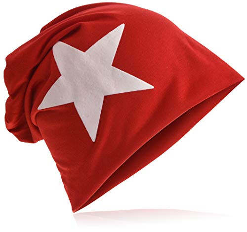 Miobo Jersey Slouch Beanie mit Stern Style, Herren Damen,Einheitsgröße,WeissStern-Rot von Miobo