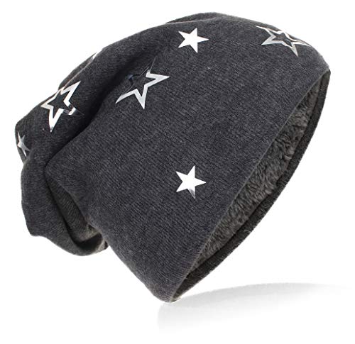 Kinder Jersey Slouch Beanie Long warme Mütze Unisex Unifarbe Winter Trend (49-51cm Kopfumfang, Silber Stern-Anthrazit) von Miobo
