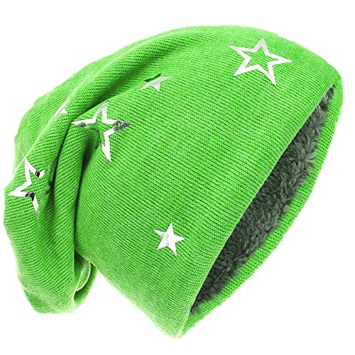 Kinder Jersey Slouch Beanie Long warme Mütze Unisex Unifarbe Winter Trend (49-51cm Kopfumfang, Silber Stern-Grün) von Miobo