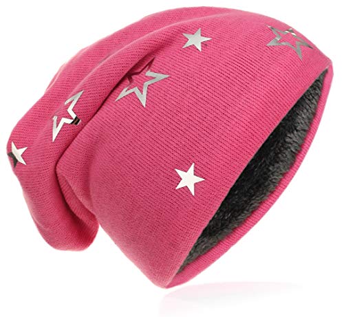 Kinder Jersey Slouch Beanie Long warme Mütze Unisex Unifarbe Winter Trend (49-51cm Kopfumfang, Silber Stern-Pink) von Miobo
