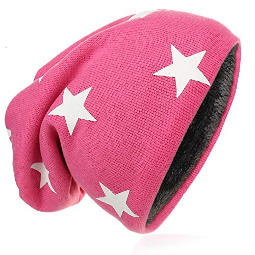 Kinder Jersey Slouch Beanie Long warme Mütze Unisex Unifarbe Winter Trend (49-51cm Kopfumfang, Weiss Stern-Pink) von Miobo