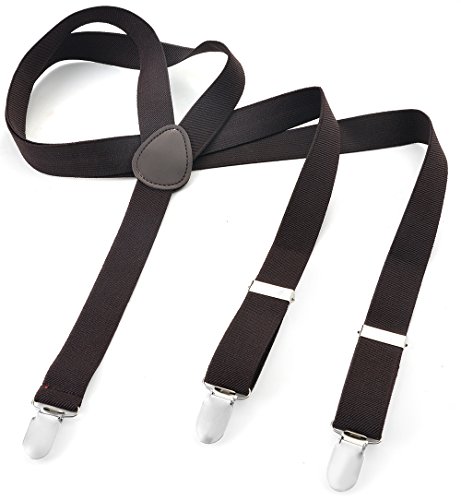 Herren Damen Long Hosenträger Y Form Style 3er Clips elastisch Schmal Unifarbe und Bunt mit verschiedenen Motiv, Braun (Dunkelbraun),Gr. One Size von Miobo