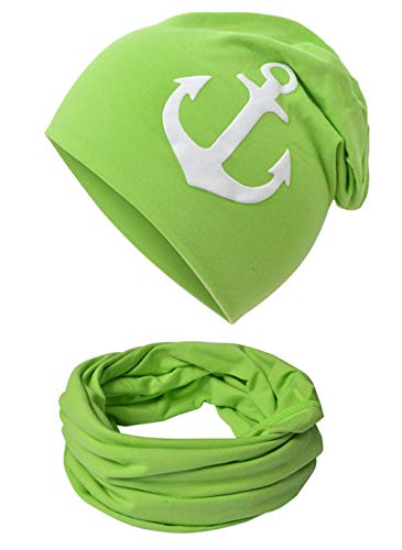 Baby Kinder Jersey Slouch Beanie Long Mütze mit Anker Unisex Baumwolle Trend Babybeanie-WeissAnker-Grün-48 von Miobo