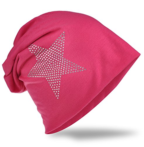Jersey Slouch Beanie Long Mütze Stern mit Strass Stern Applikation Pink von Miobo