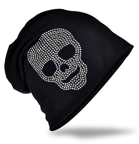 Miobo Jersey Slouch Beanie Long Mütze mit Totenkopf Strass Applikation Unisex Unifarbe Herren Damen Trend Schwarz TK von Miobo