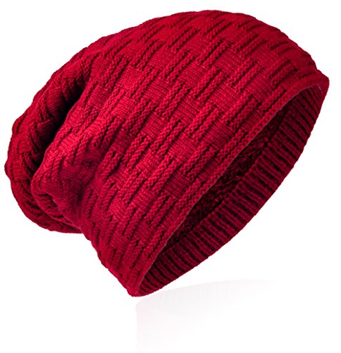 Miobo Beanie mit Innenfutter - warme Feinstrick-Mütze mit Flechtgitter Muster - sehr weich gefütterte Winter-Mütze für Damen & Herren - Weinrot von Miobo