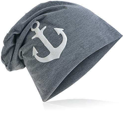 Miobo Jersey Slouch Beanie mit Anker Style, Herren Damen,Einheitsgröße,weissAnker Dunkelgrau von Miobo