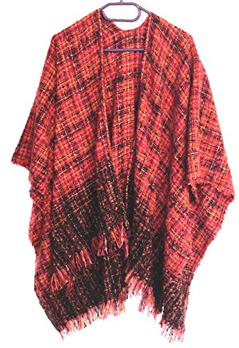 Miobo Poncho mit Fransen karriert Muster Umhang Überwurf Cape Strickjacke Wendeponcho wie kaschmir Feel (DE/NL/SE/PL, Alphanumerisch, M, Regular, Regular, Rot) von Miobo