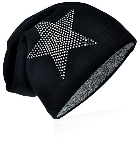 Miobo Slouch Long Beanie Mütze, Weichem Warme Wintermütze Teddyfleece, Unisex (56-58cm Kopfumfang, StrassStern-Schwarz) von Miobo