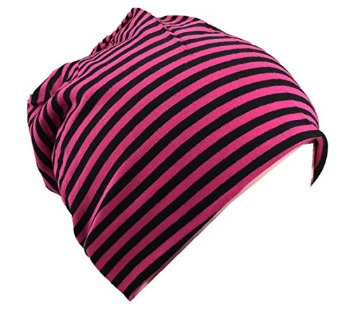 MioboBaby Kinder Jersey Slouch Beanie Long Mütze mit Streifen Unisex Baumwolle Trend, Magenta/Schwarz, 43-47cm Kopfumfang von Miobo