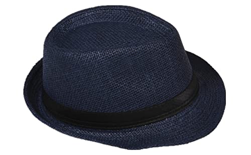 Strohhut Panama Fedora Trilby Gangster Hut Sonnenhut mit Stoffband Farbe:-Dunkelblau (Strohhut) Gr:-56 von Miobo