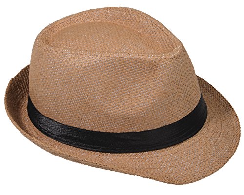 Strohhut Panama Fedora Trilby Gangster Hut Sonnenhut mit Stoffband Farbe:-Kamel (Strohhut) Gr:-56 von Miobo