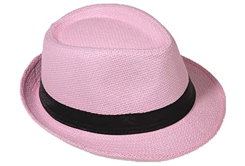 Strohhut Panama Fedora Trilby Gangster Hut Sonnenhut mit Stoffband Farbe:-Rosa (Strohhut) Gr:-56 von Miobo