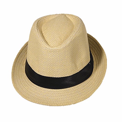Strohhut Panama Fedora Trilby Gangster Hut Sonnenhut mit Stoffband Farbe:-Beige (Strohhut) Gr:-58 von Miobo