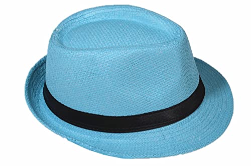 Strohhut Panama Fedora Trilby Gangster Hut Sonnenhut mit Stoffband Farbe:-Himmelblau (Strohhut) Gr:-58 von Miobo