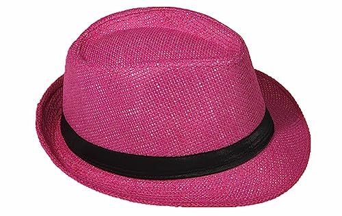 Strohhut Panama Fedora Trilby Gangster Hut Sonnenhut mit Stoffband Farbe:-Pink (Strohhut) Gr:-58 von Miobo