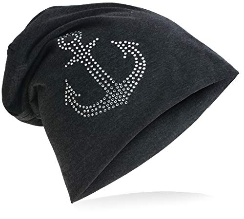 Miobo Slouch Long Beanie Mütze mit Anker, Unisex, Einheitsgröße für Erwachsene, Anthrazit mit Strass Anker, Einheitsgröße von Miobo