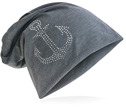 Miobo Jersey Slouch Beanie mit Anker Style, Herren Damen,Einheitsgröße,strassAnker Dunkelgrau von Miobo