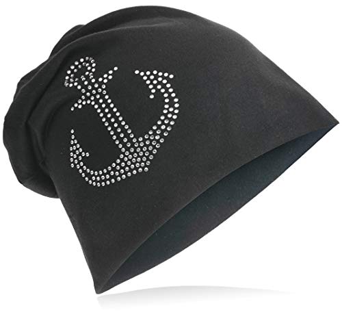 Strass Anker Jersey Slouch Beanie Long Mütze mit Motiv Anker und Strass Unisex Herren Damen Trend Schwarz von Miobo