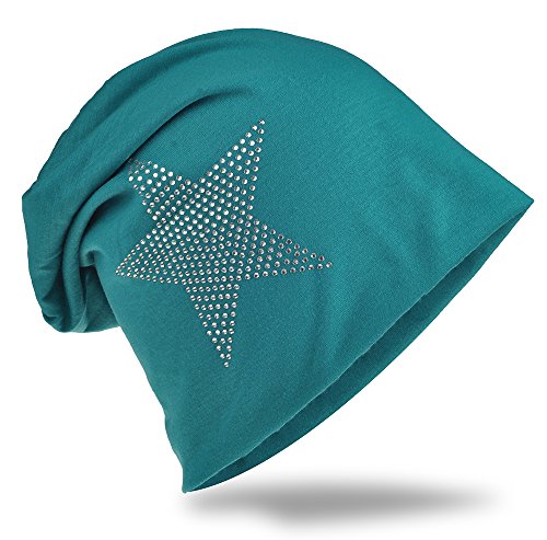 Jersey Slouch Beanie Long Mütze Stern mit Strass Stern Applikation Petrol von Miobo