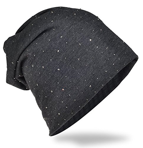 Miobo StrassNieten Jersey Slouch Beanie Long Mütze mit edler Strass-Nieten Applikation Unisex Unifarbe Herren Damen Trend Anthrazit von Miobo